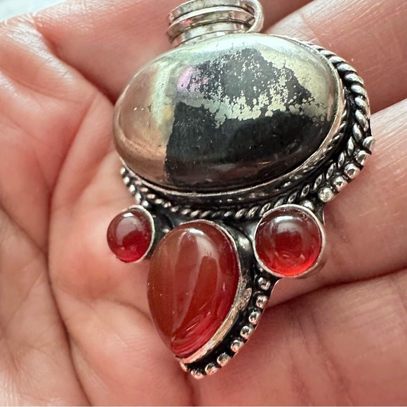 Pendant Pyrite And Carnelian Agate Large Gemstones Stones Silver Tone 3331 - Picture 4 of 9